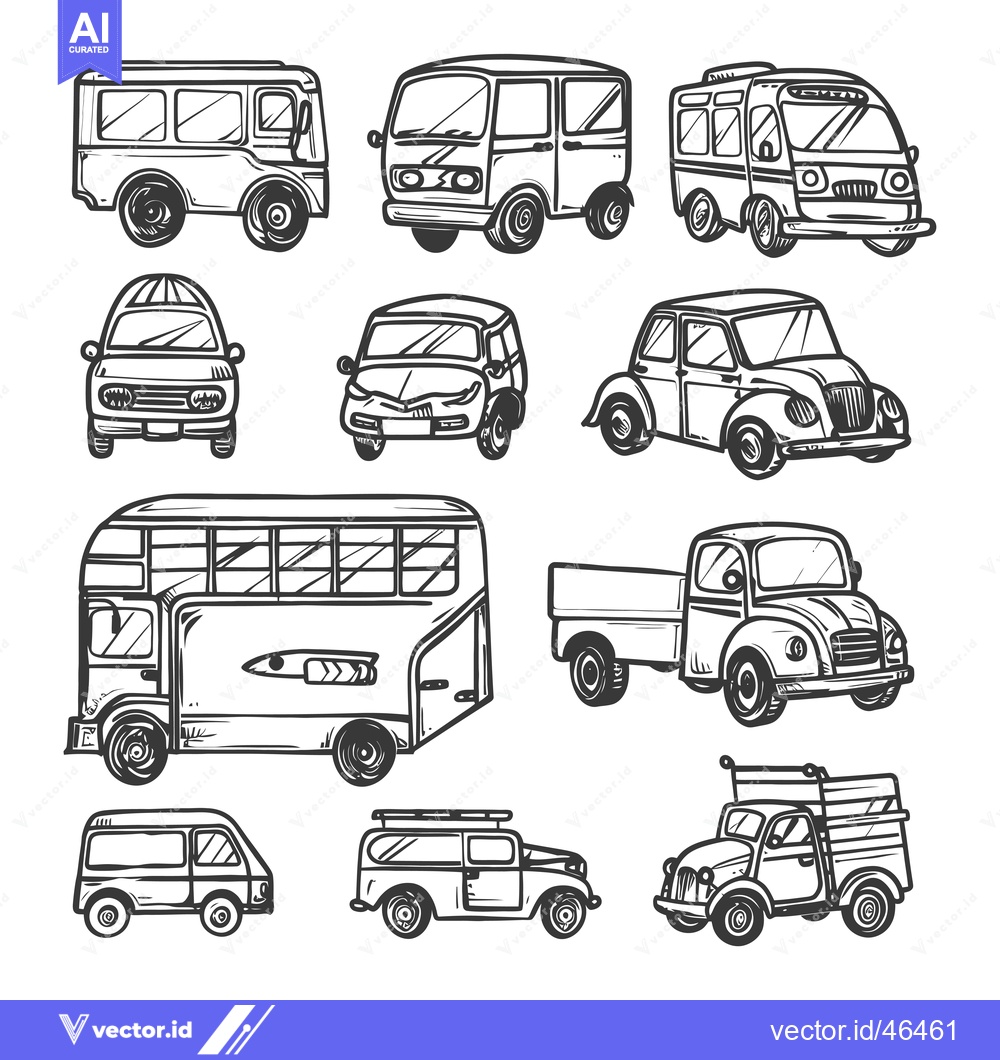 Premium Vector dari Hand-Drawn Sketches of Various Vehicles, Including Vans, Buses, and Tr
