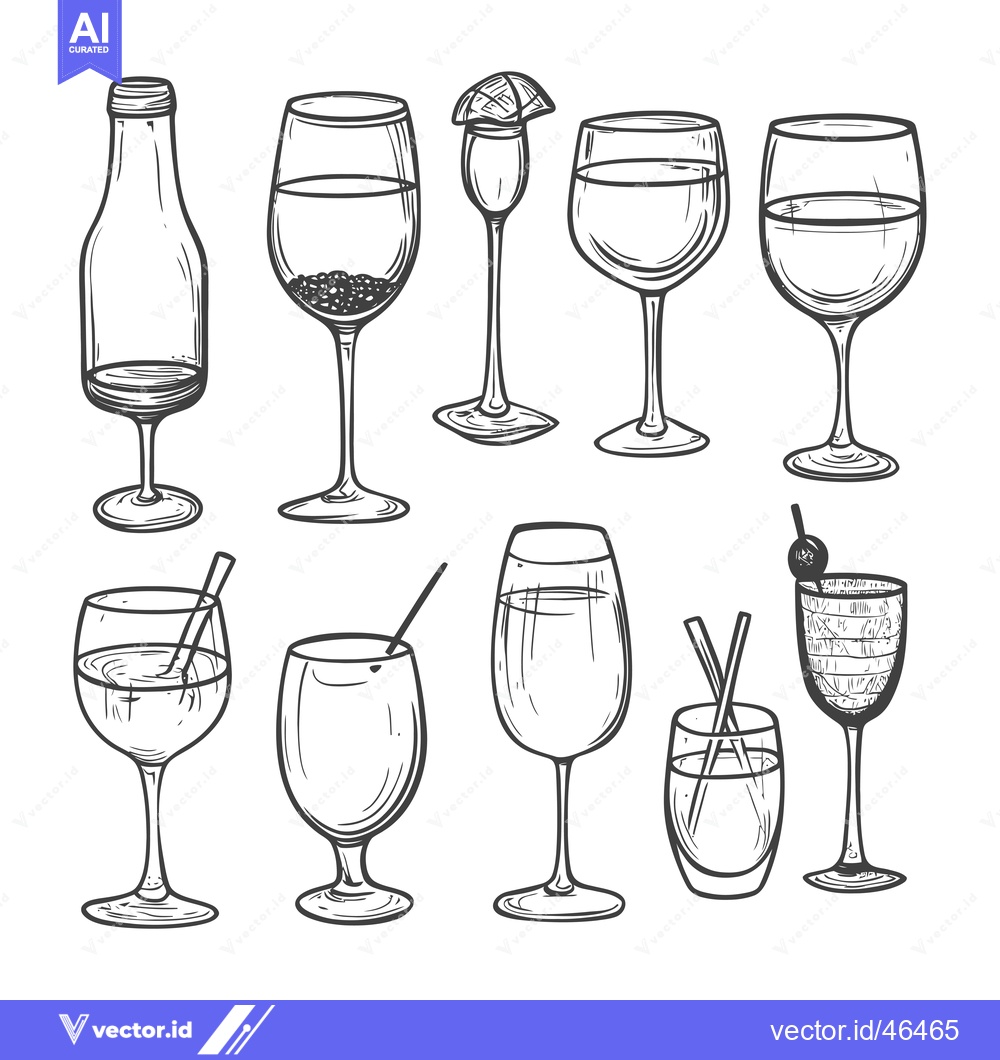 Premium Vector dari Hand-Drawn Sketches of Various Wine Glasses and a Bottle