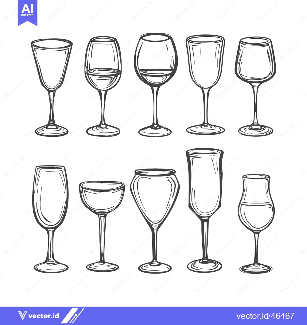 Premium Vector dari Hand-drawn sketches of various wine glasses, empty and full.