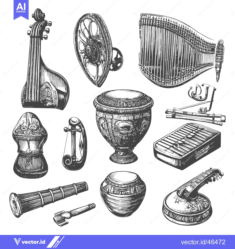 Premium Vector dari Hand-drawn Sketches of Vintage Musical Instruments and Drums