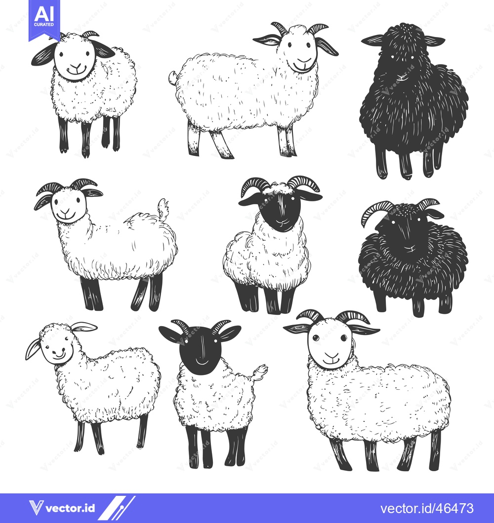 Premium Vector of Hand-drawn Sketches of White and Black Sheep in Different Poses