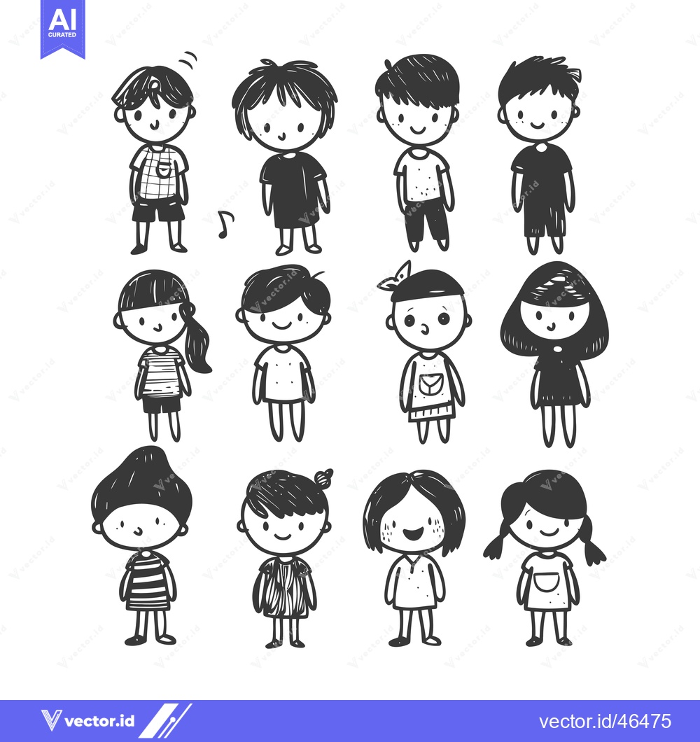 Premium Vector dari Hand-Drawn Sketch of 12 Happy Children in Various Outfits