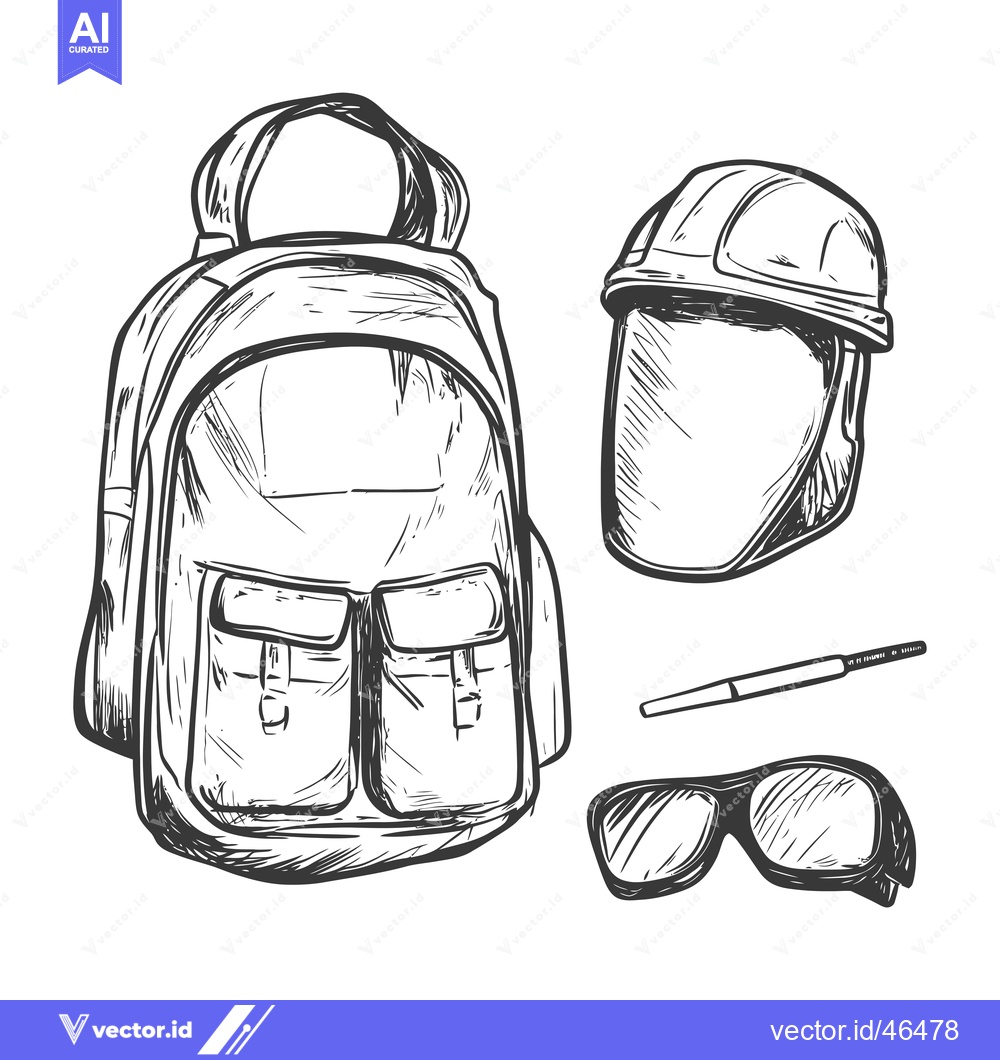 Premium Vector of Hand-Drawn Sketch of a Backpack, Hard Hat, Sunglasses, and Pen