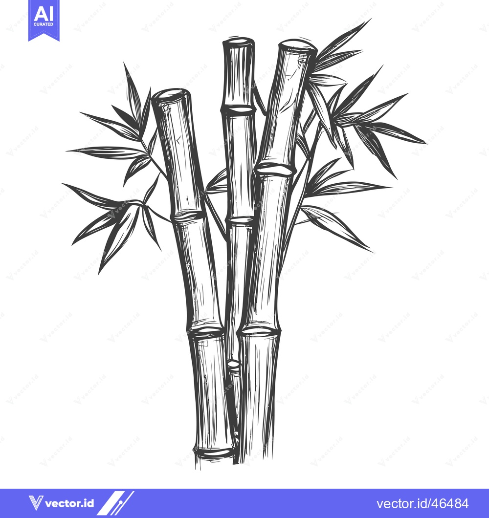 Premium Vector dari Hand-Drawn Sketch of a Bamboo Plant with Three Stalks and Leaves