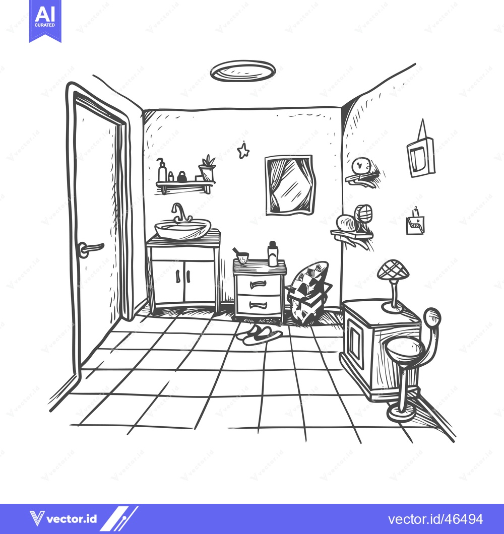 Premium Vector dari Hand-Drawn Sketch of a Bathroom Interior with Sink, Mirror, and Furnit