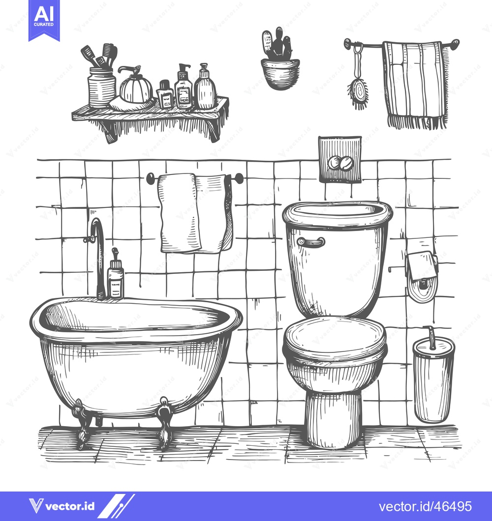 Premium Vector dari Hand-Drawn Sketch of a Bathroom with a Bathtub, Toilet, and Accessorie