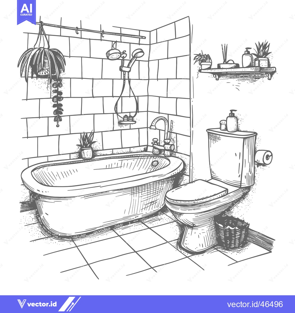 Premium Vector of Hand-drawn sketch of a bathroom with a bathtub, toilet, and plants