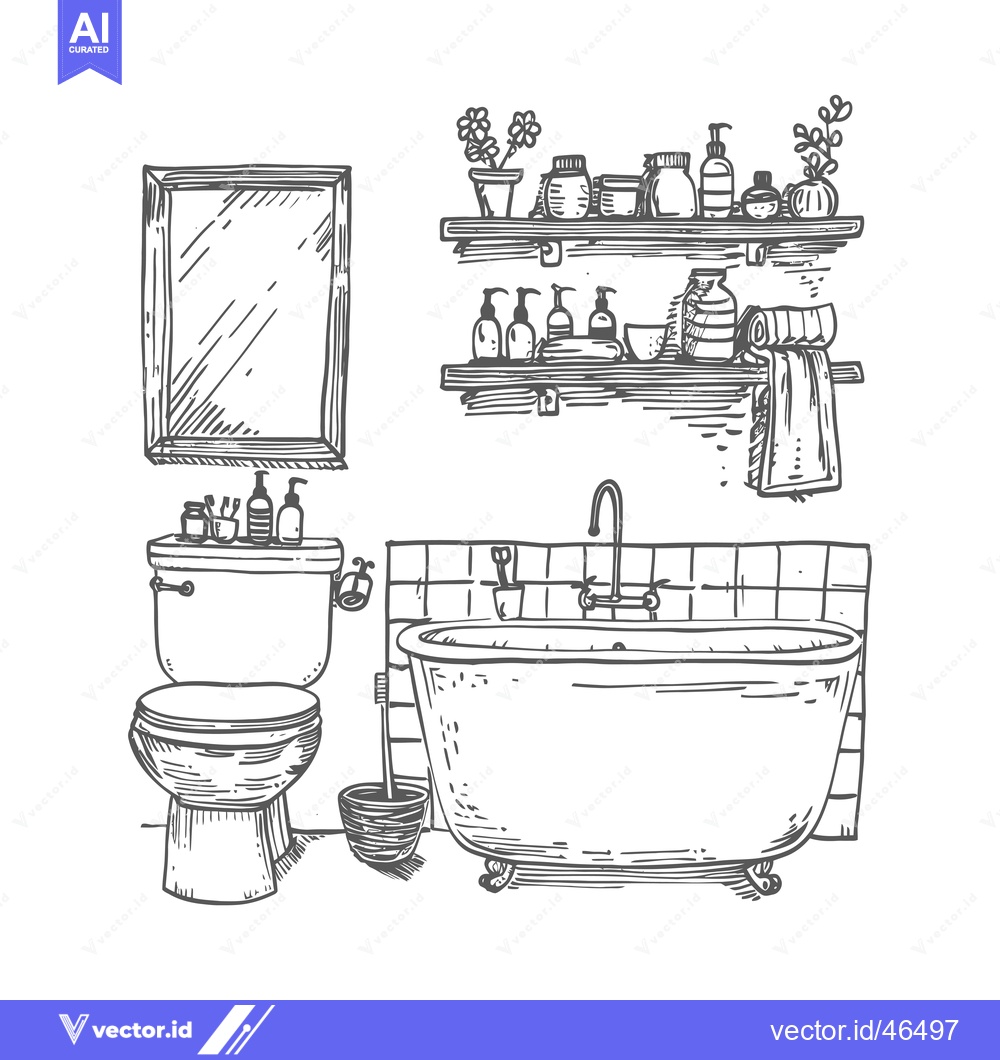 Premium Vector dari Hand-drawn Sketch of a Bathroom with a Bathtub, Toilet, and Shelves