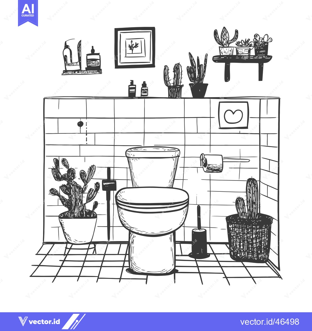 Premium Vector of Hand-Drawn Sketch of a Bathroom with a Toilet and Cactus Plants