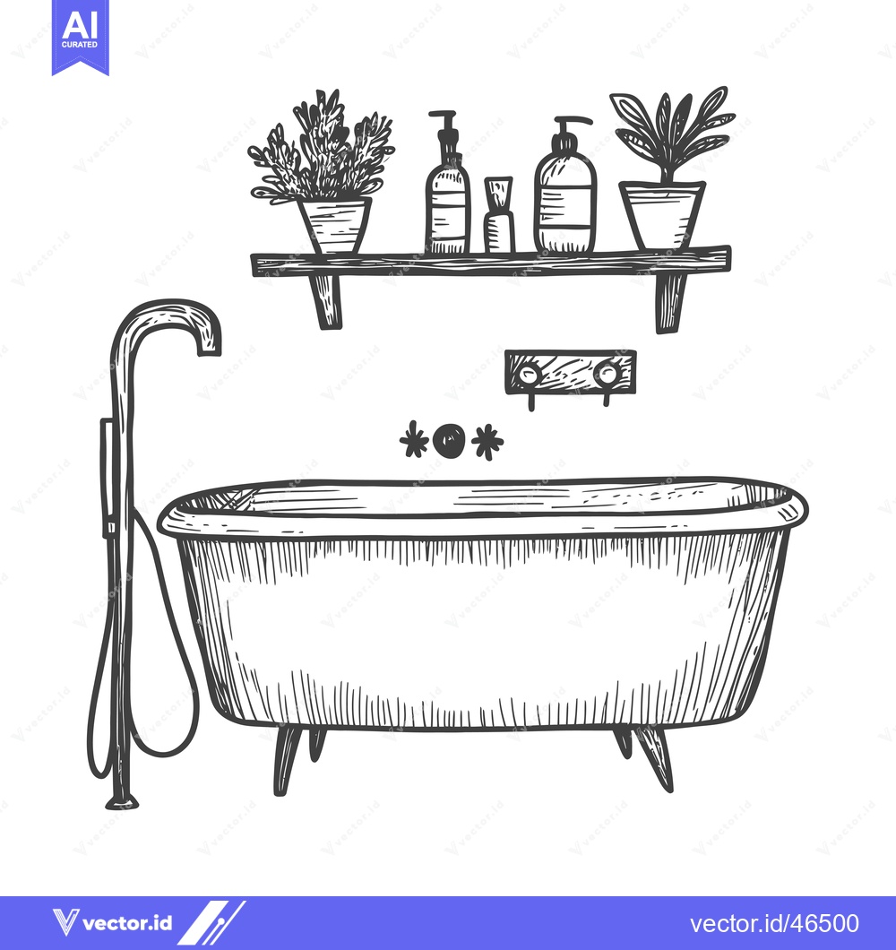 Premium Vector of Hand-Drawn Sketch of a Bathtub with Plants and Bottles on a Shelf