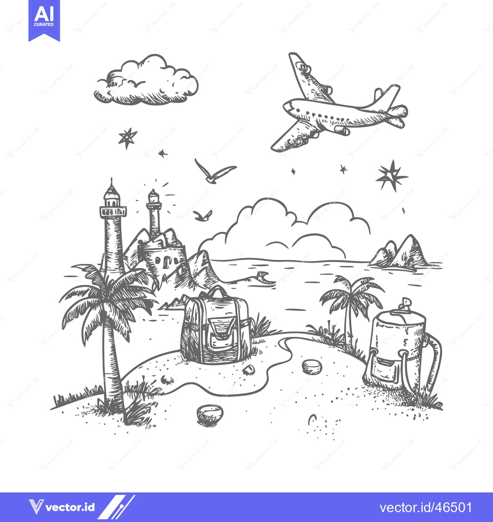 Premium Vector of Hand-Drawn Sketch of a Beach Scene with Palm Trees, a Plane, and Lugga