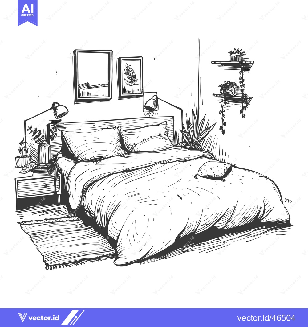 Premium Vector of Hand-drawn sketch of a bedroom interior with a bed, bedside table, and