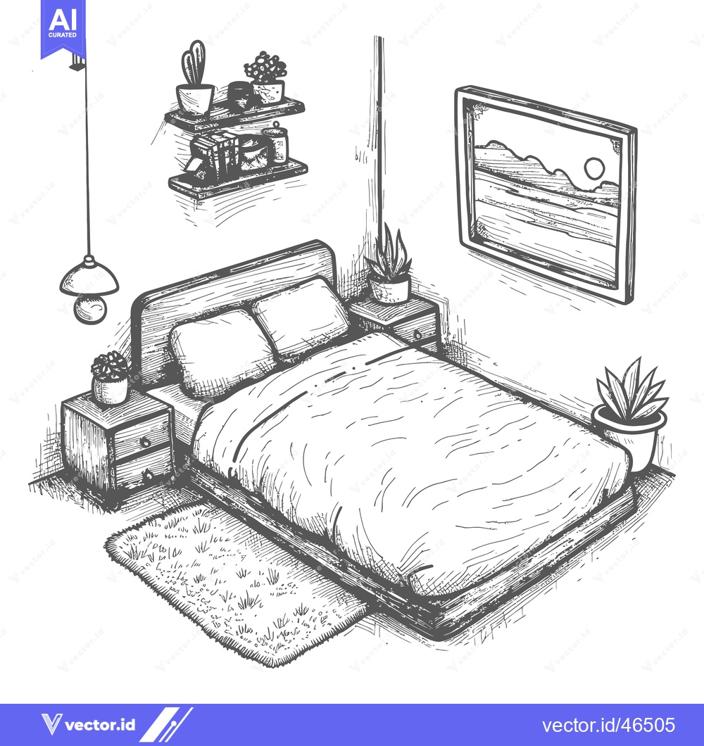 Premium Vector dari Hand-drawn sketch of a bedroom interior with a bed, bedside tables, pl