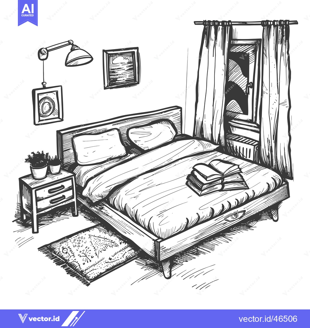 Premium Vector dari Hand-Drawn Sketch of a Bedroom Interior with a Bed, Nightstand, and Wi