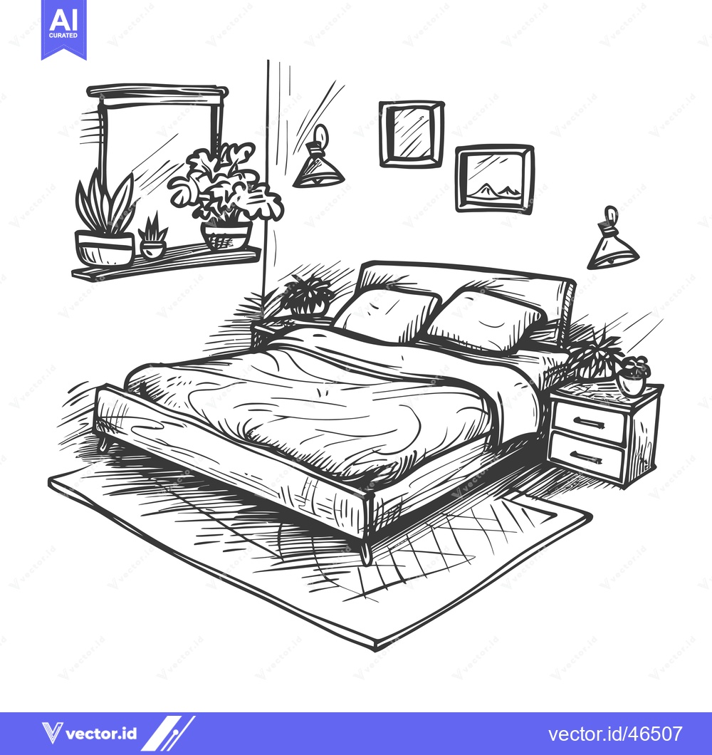 Premium Vector of Hand-Drawn Sketch of a Bedroom with a Bed, Nightstand, and Plants