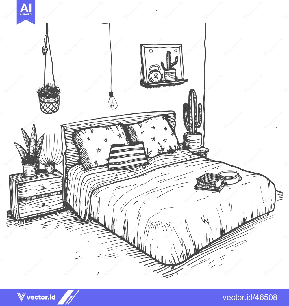 Premium Vector dari Hand-Drawn Sketch of a Bedroom with a Bed, Nightstand, and Plants