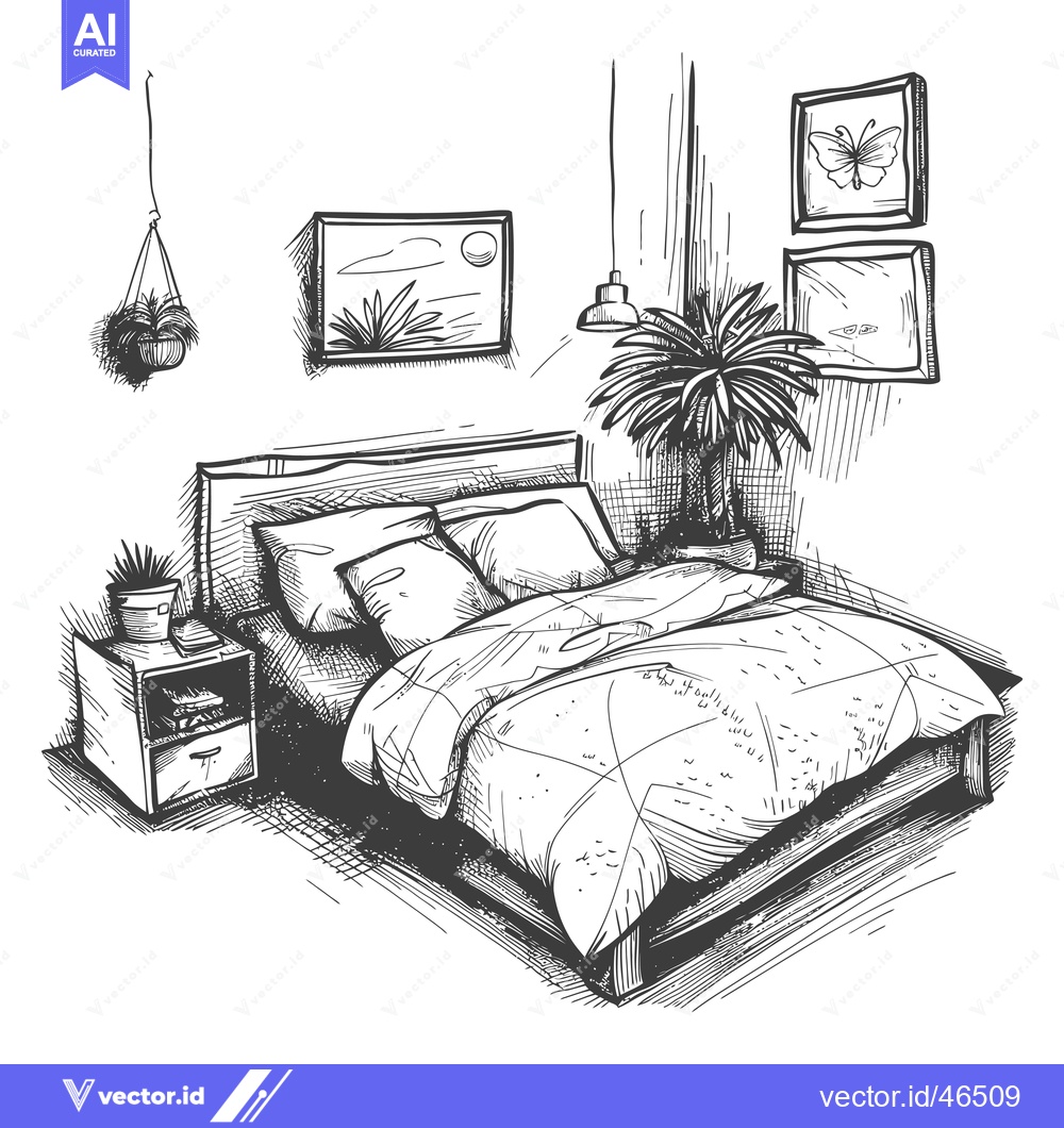 Premium Vector dari Hand-Drawn Sketch of a Bedroom with a Bed, Nightstand, Plants, and Art