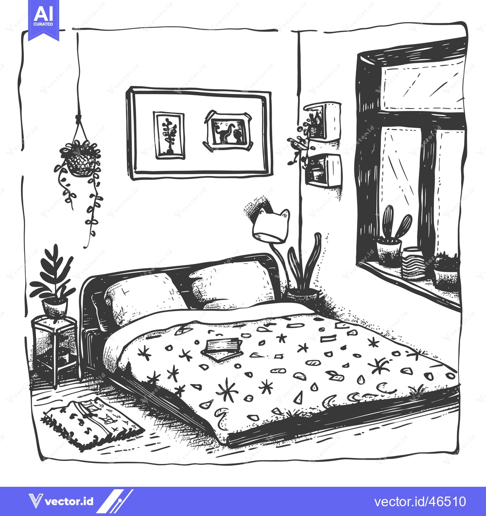 Premium Vector of Hand-Drawn Sketch of a Bedroom with a Bed, Plants, and a Window