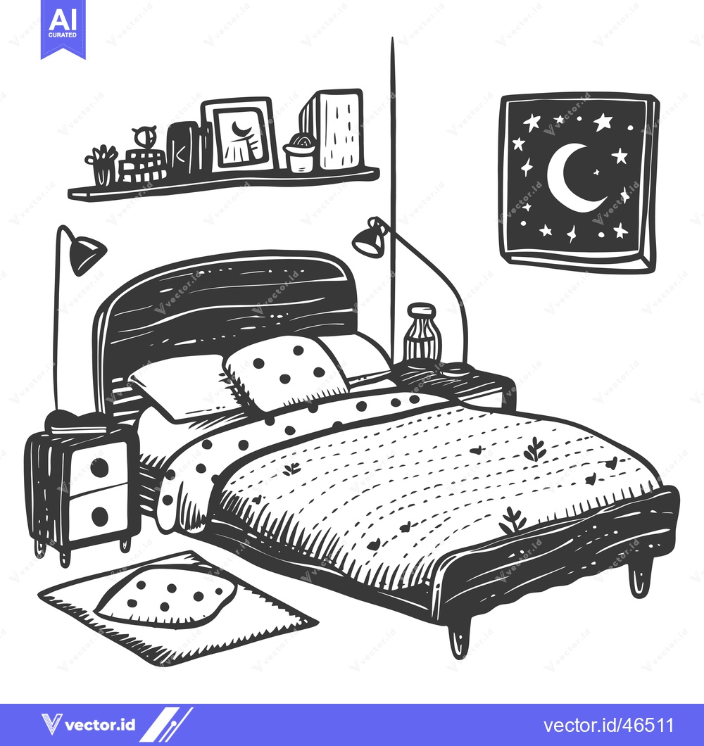 Premium Vector of Hand-drawn sketch of a bed with nightstand and bedside lamp in a bedro