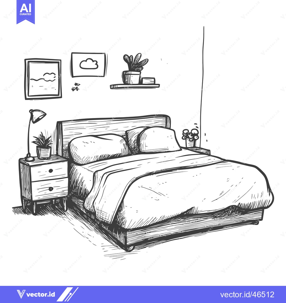 Premium Vector dari Hand-drawn sketch of a bed with nightstand, lamp, and potted plants