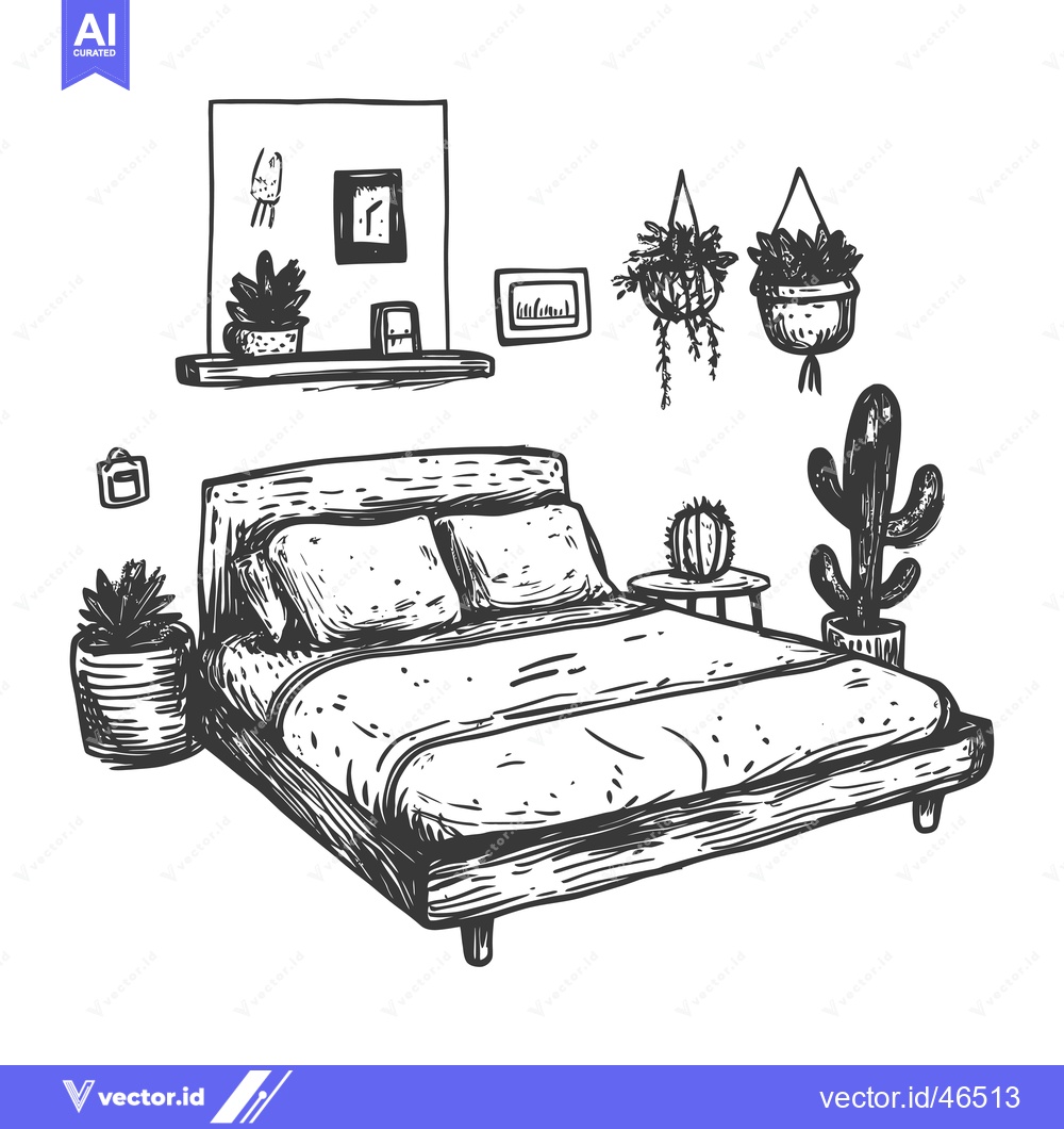 Premium Vector of Hand-drawn sketch of a bed with plants and furniture