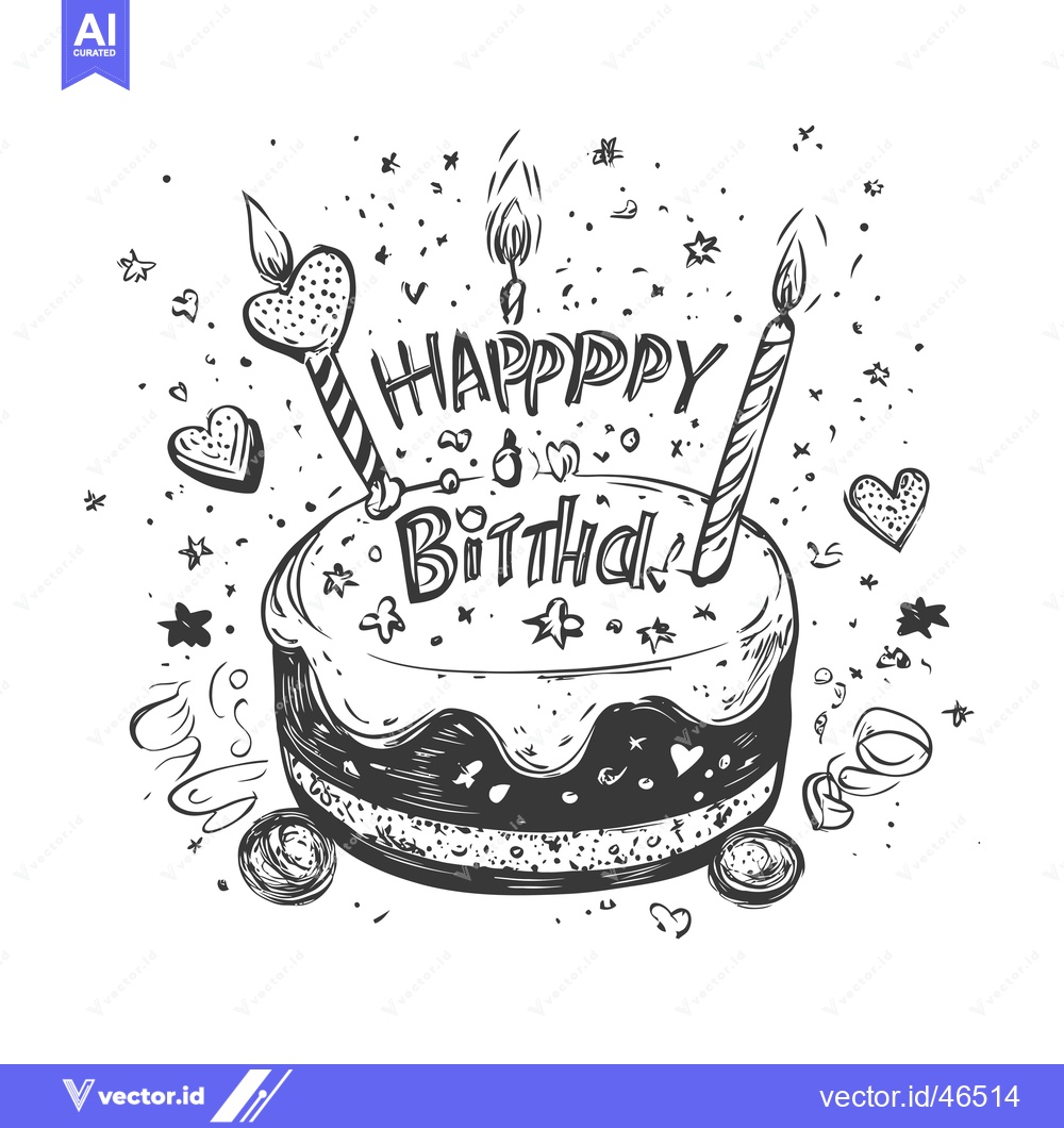 Premium Vector dari Hand-drawn sketch of a birthday cake with candles and confetti