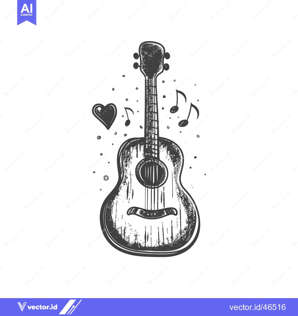 Premium Vector dari Hand-drawn sketch of a black and white acoustic guitar with musical no