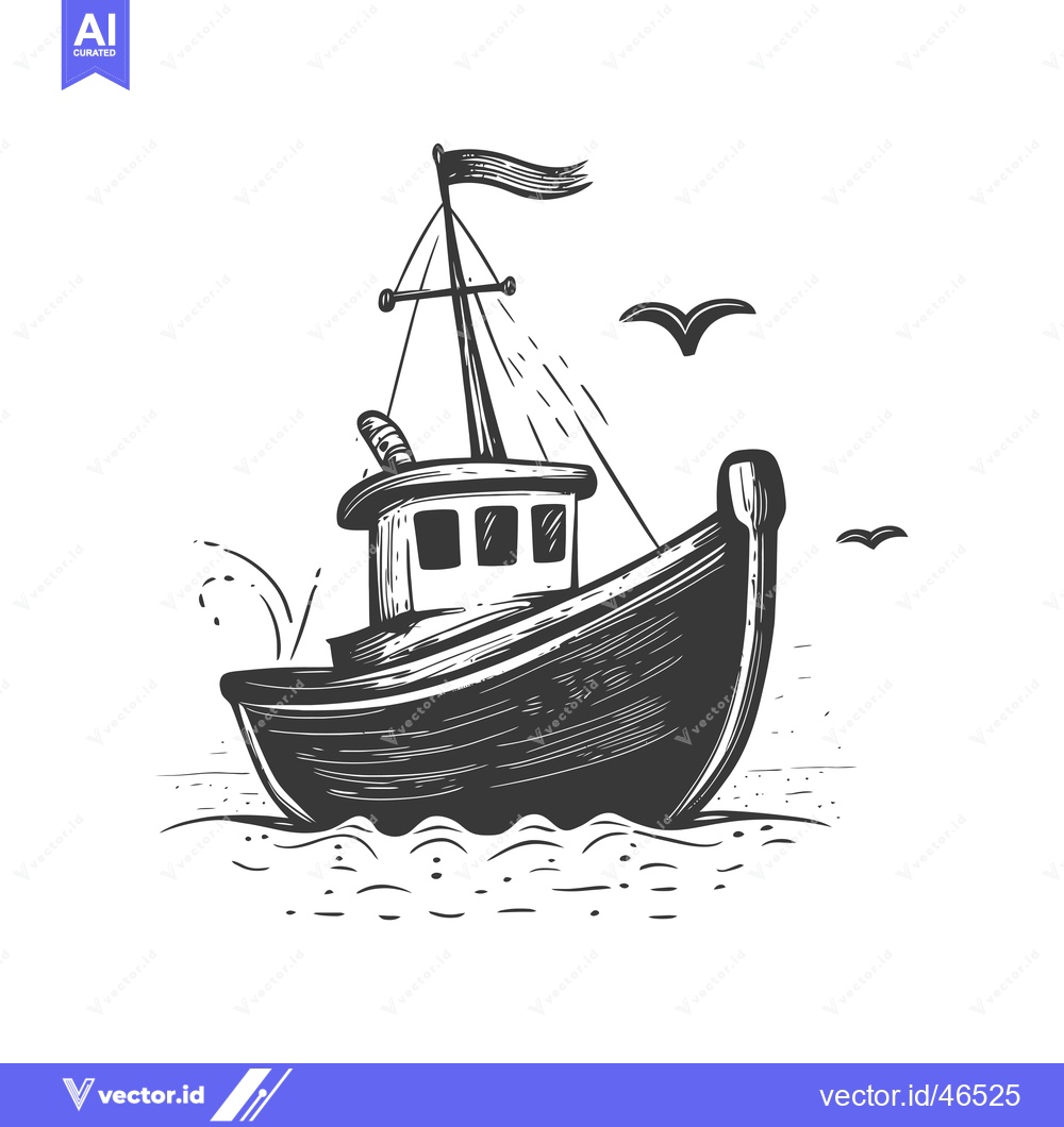 Premium Vector dari Hand-Drawn Sketch of a Boat Sailing on the Ocean with Birds Flying Ove