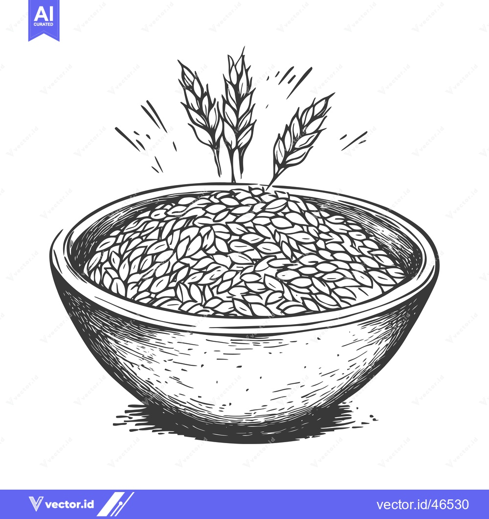 Premium Vector of Hand-Drawn Sketch of a Bowl Filled with Grain and Wheat Spikes