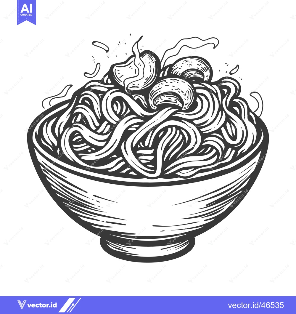 Premium Vector dari Hand-drawn sketch of a bowl of noodles with mushrooms