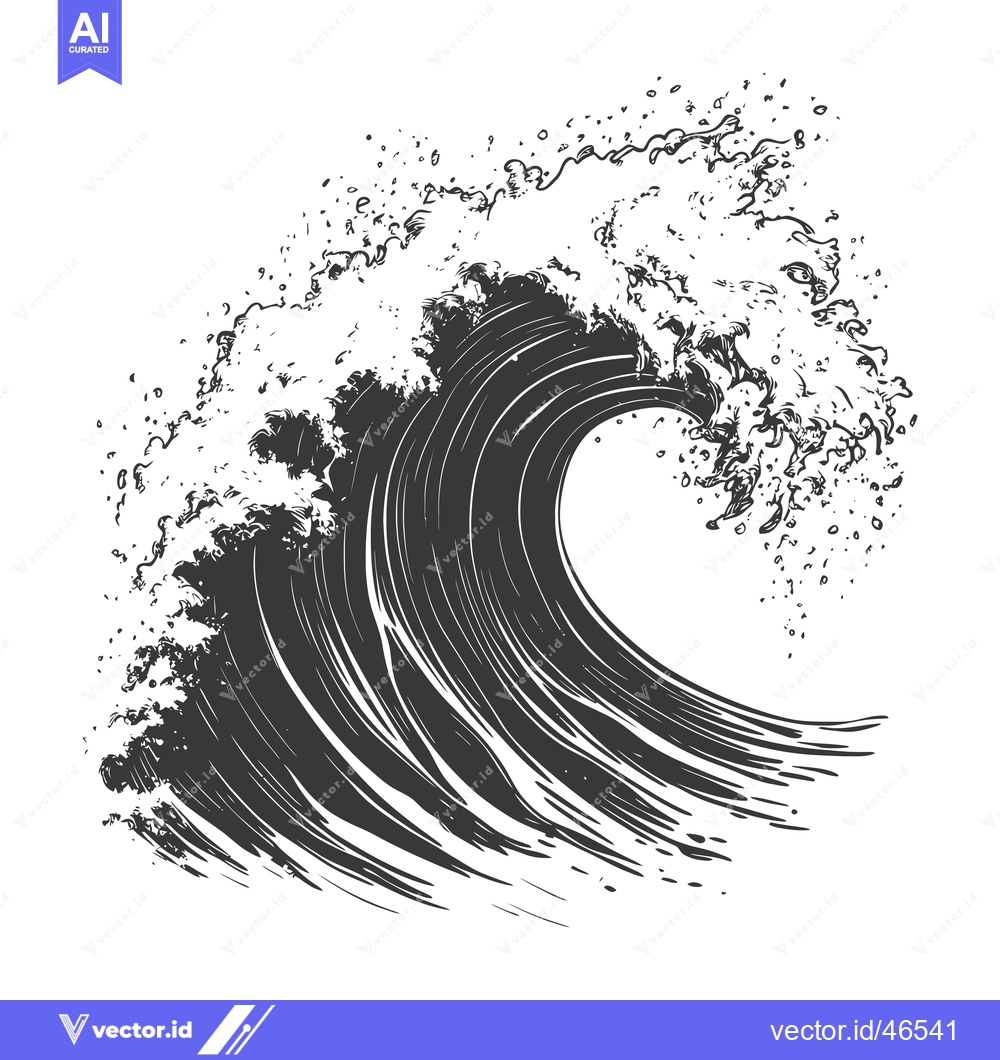 Premium Vector of Hand-Drawn Sketch of a Breaking Ocean Wave with Whitecaps