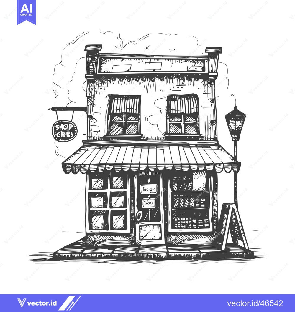Premium Vector of Hand-drawn Sketch of a Brick Building with a Shop Sign and Awnings