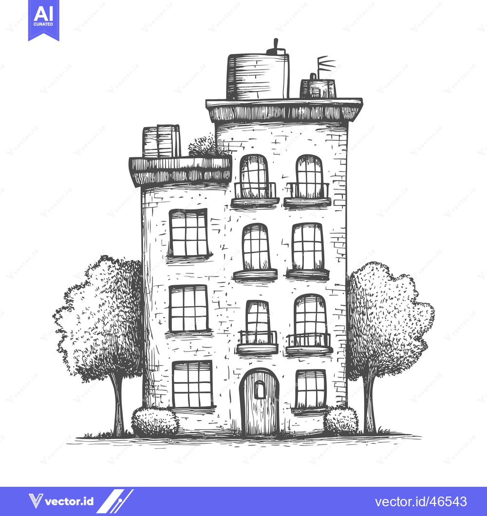 Premium Vector dari Hand-Drawn Sketch of a Brick Building with Trees
