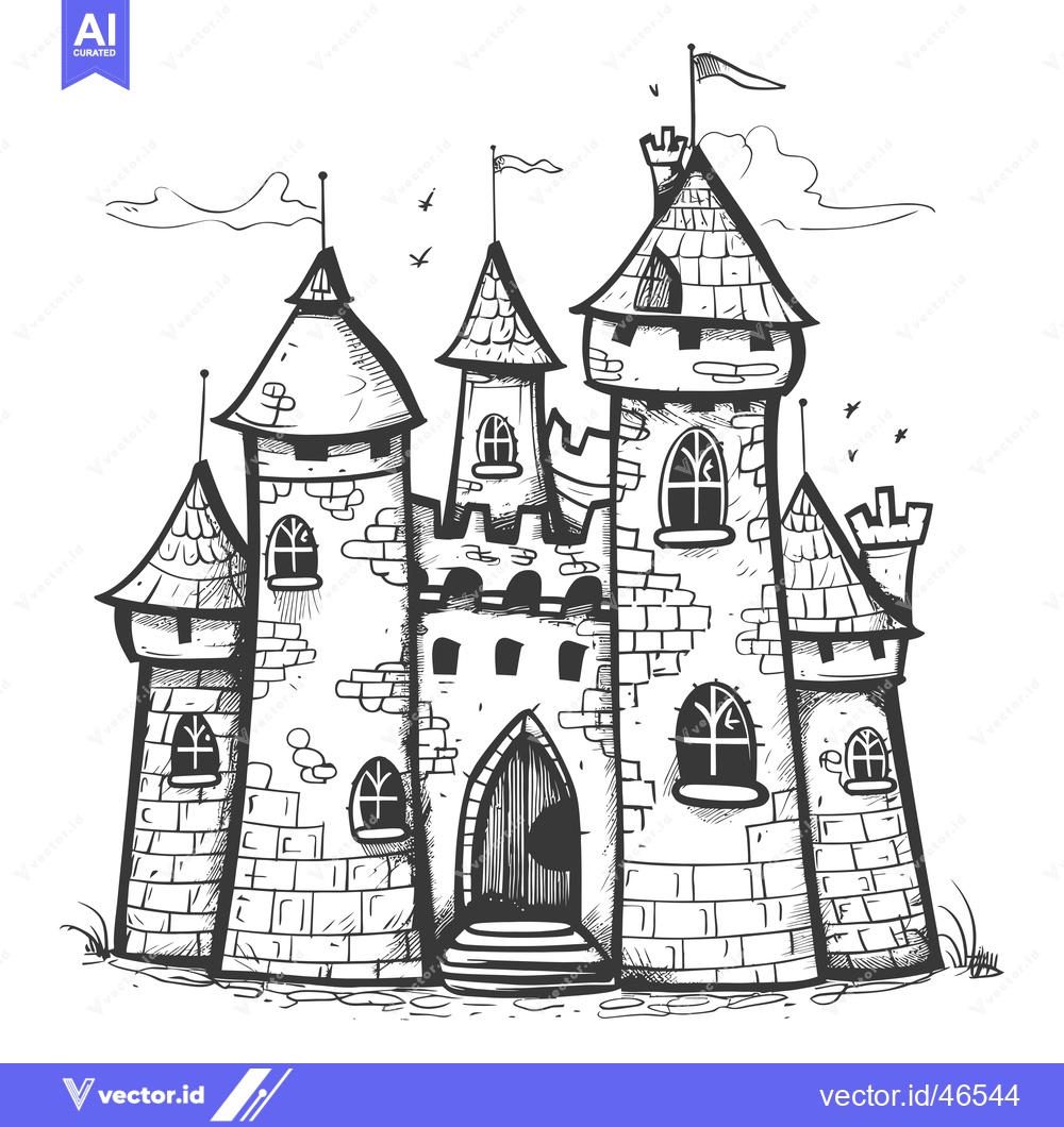 Premium Vector dari Hand-Drawn Sketch of a Brick Castle with Multiple Towers and Flags