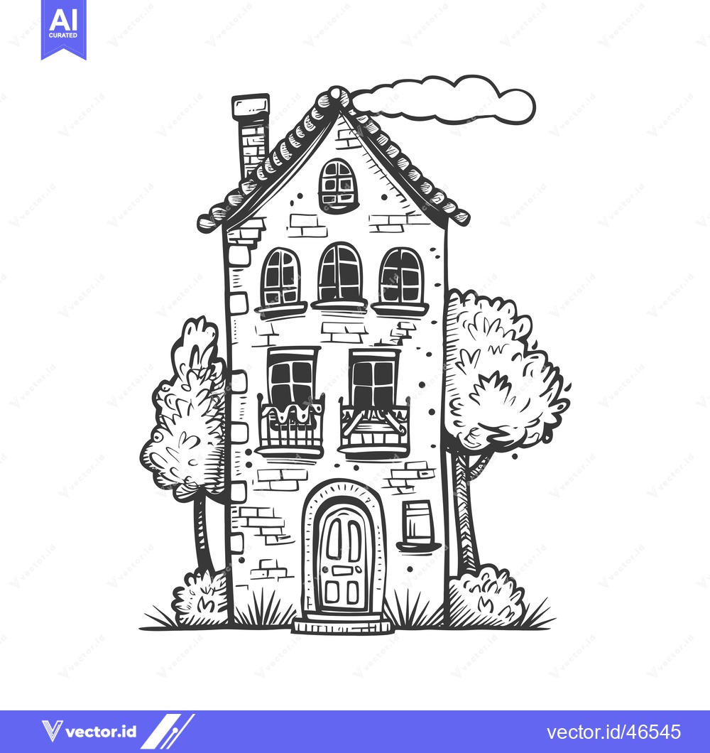 Premium Vector of Hand-drawn sketch of a brick house with a chimney, windows, a balcony,