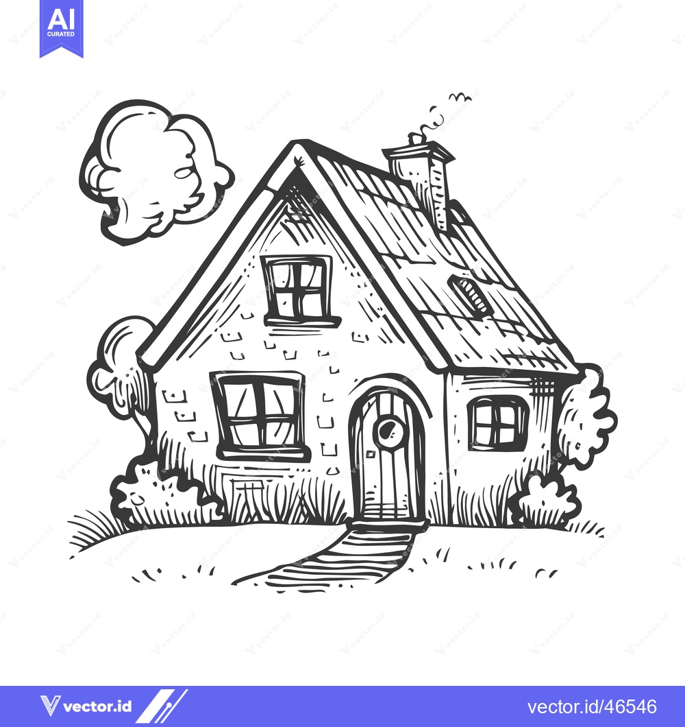 Premium Vector of Hand-Drawn Sketch of a Brick House with a Path and a Cloud