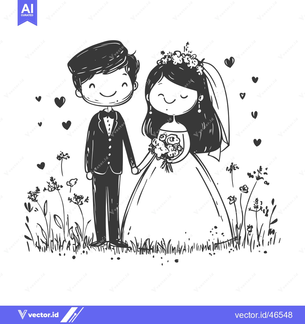 Premium Vector dari Hand-Drawn Sketch of a Bride and Groom Holding Hands in a Field