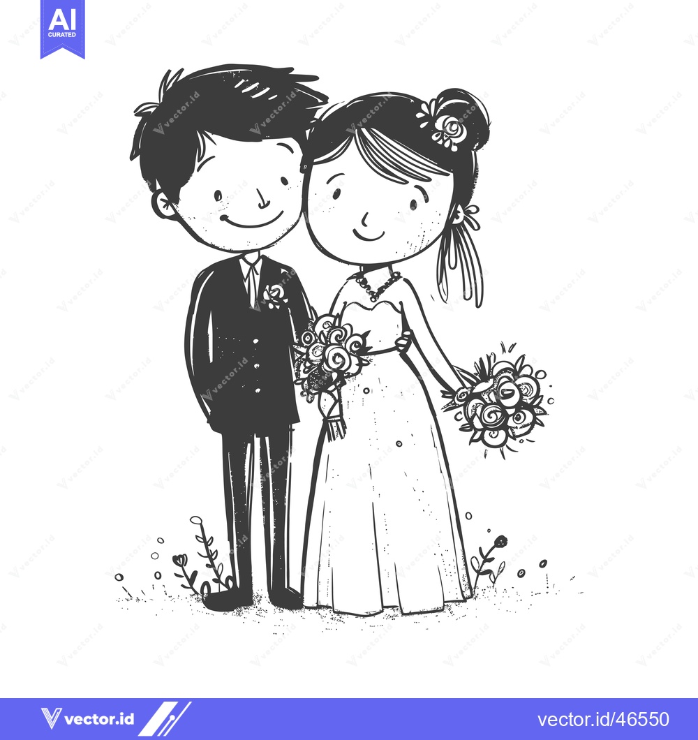 Premium Vector of Hand-Drawn Sketch of a Bride and Groom with Flowers