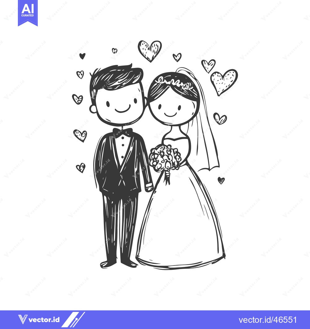 Premium Vector of Hand-Drawn Sketch of a Bride and Groom with Hearts