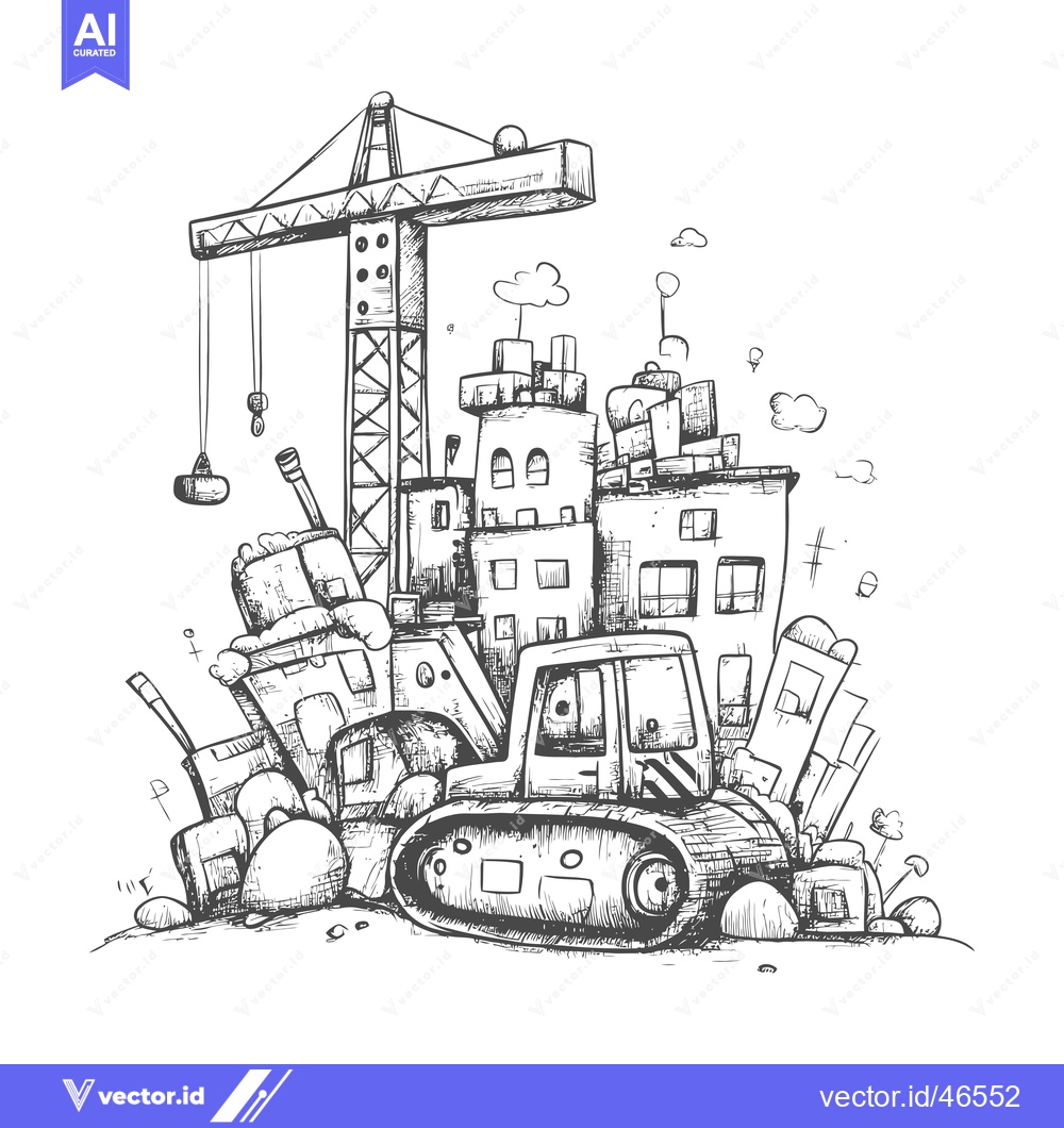 Premium Vector of Hand-drawn Sketch of a Bulldozer, Crane, and Cityscape