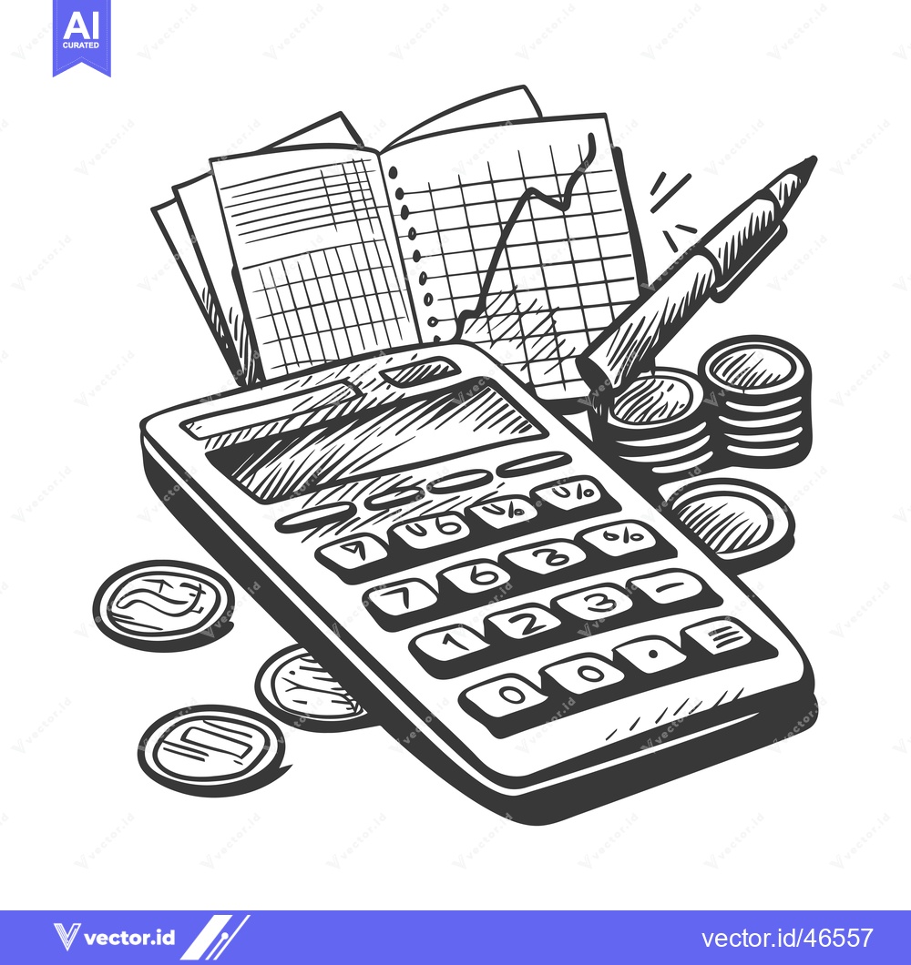 Premium Vector dari Hand Drawn Sketch of a Calculator, Coins, Graph Paper, and Pen