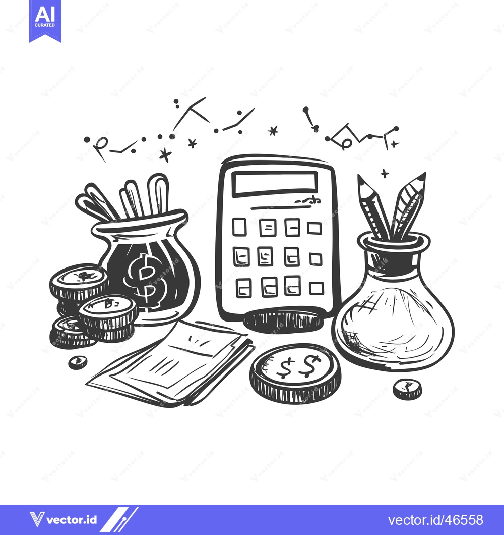 Premium Vector of Hand-Drawn Sketch of a Calculator, Money Bag, Coins, and Pencils