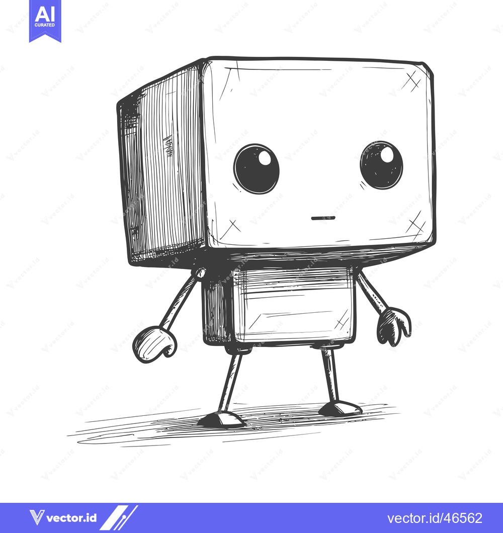 Premium Vector dari Hand-Drawn Sketch of a Cartoon Cube-Shaped Robot with Large Eyes and S