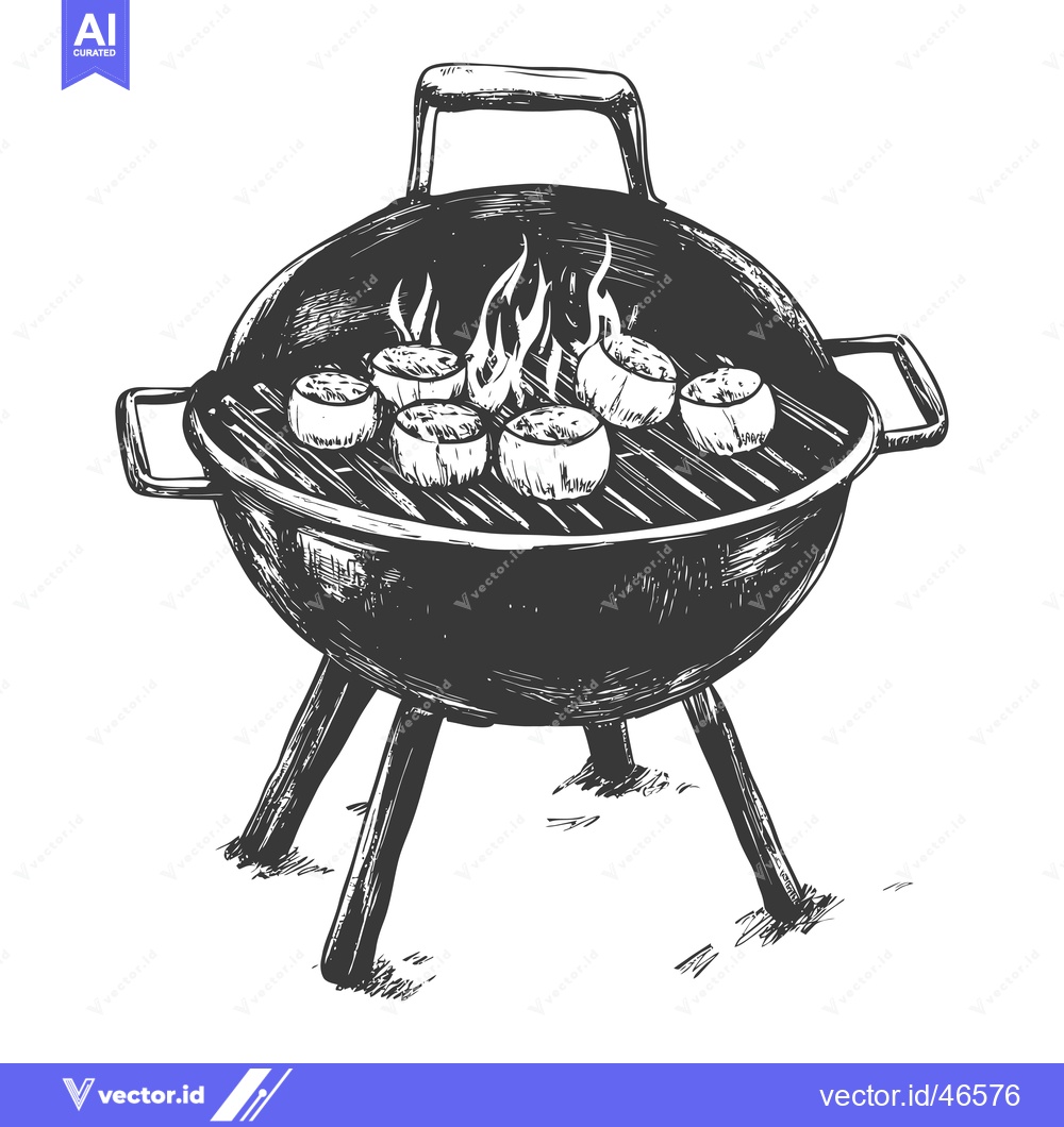 Premium Vector dari Hand-Drawn Sketch of a Charcoal Grill with Food Cooking