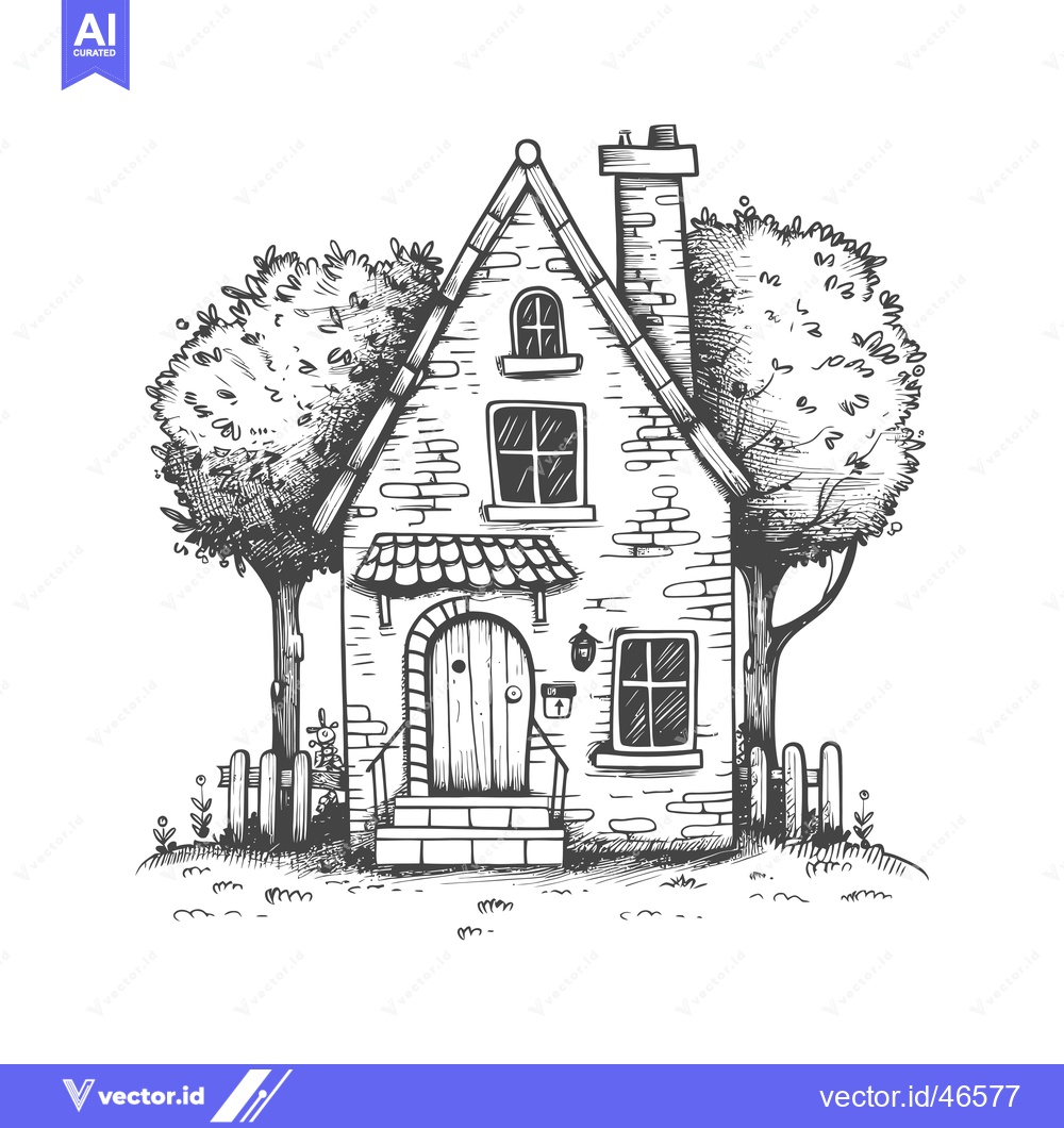 Premium Vector dari Hand-drawn sketch of a charming brick cottage with a chimney, windows,