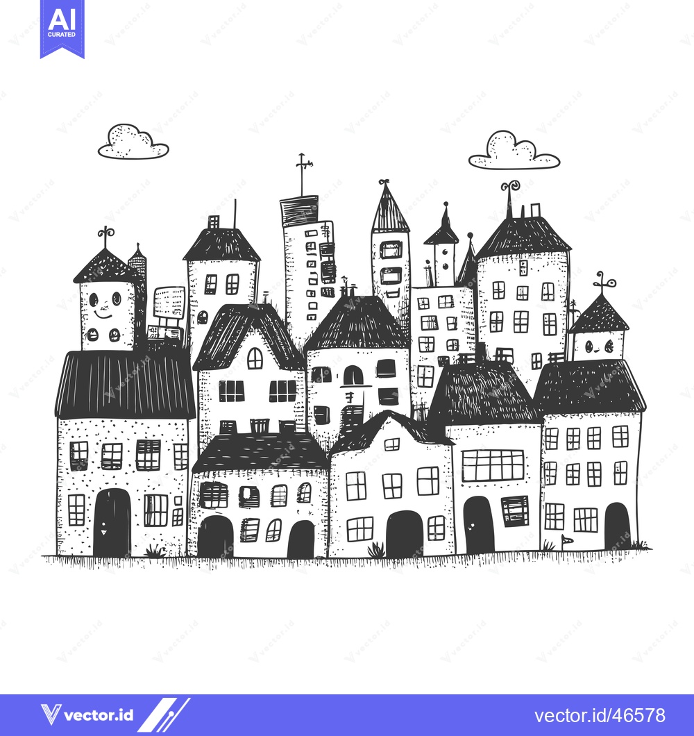 Premium Vector dari Hand-Drawn Sketch of a Charming Cityscape with Various Buildings
