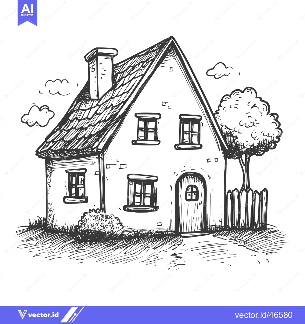 Premium Vector dari Hand-drawn sketch of a charming cottage with a chimney, windows, a doo