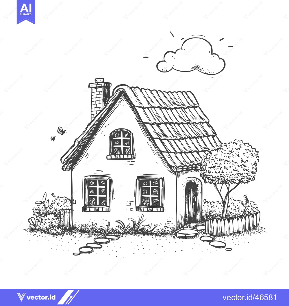 Premium Vector dari Hand-drawn Sketch of a Charming Cottage with a Tiled Roof and Surround
