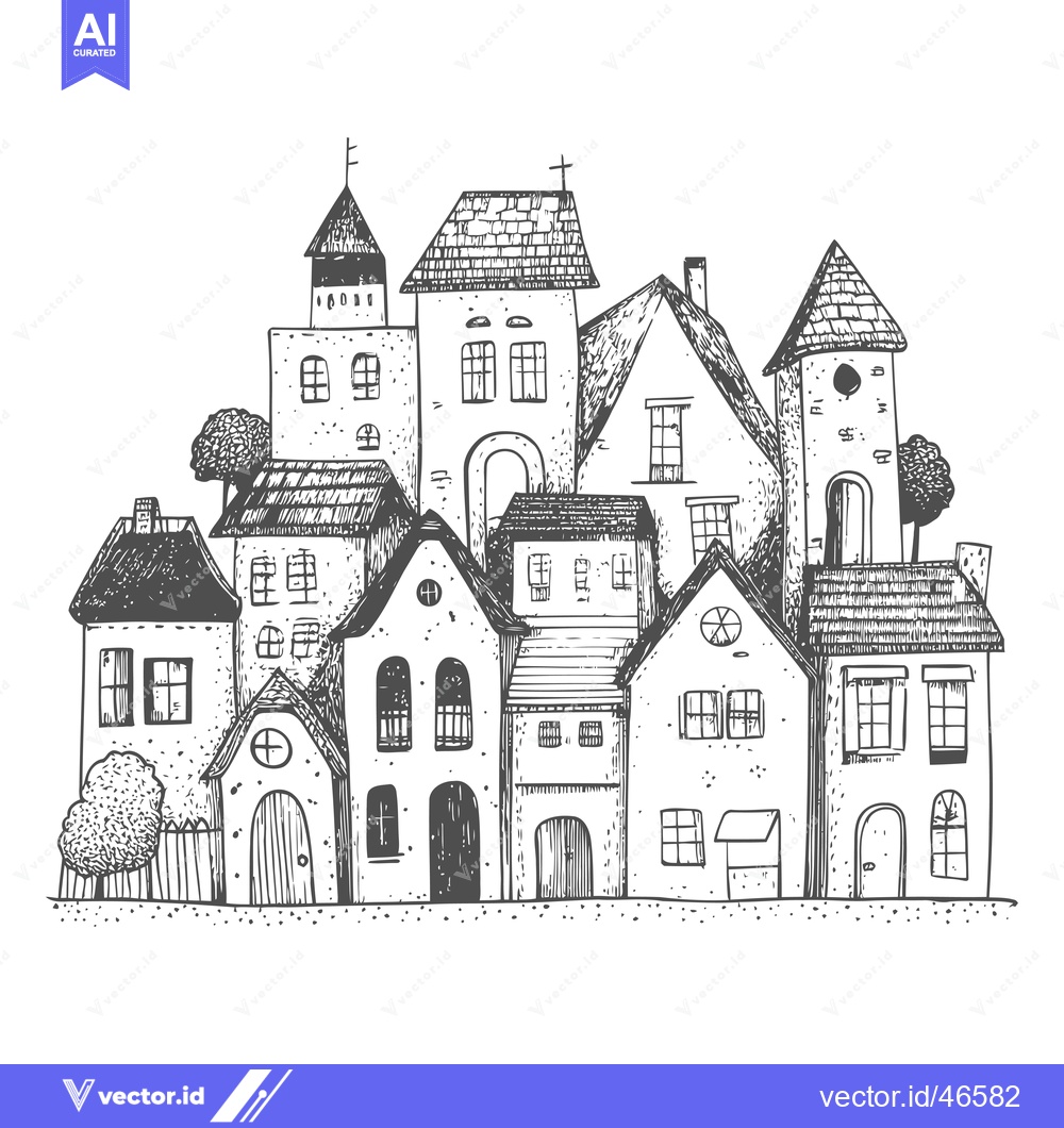 Premium Vector of Hand-Drawn Sketch of a Charming European Village with Houses and Trees