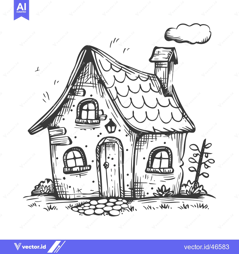 Premium Vector dari Hand-drawn sketch of a charming little cottage with a chimney, windows